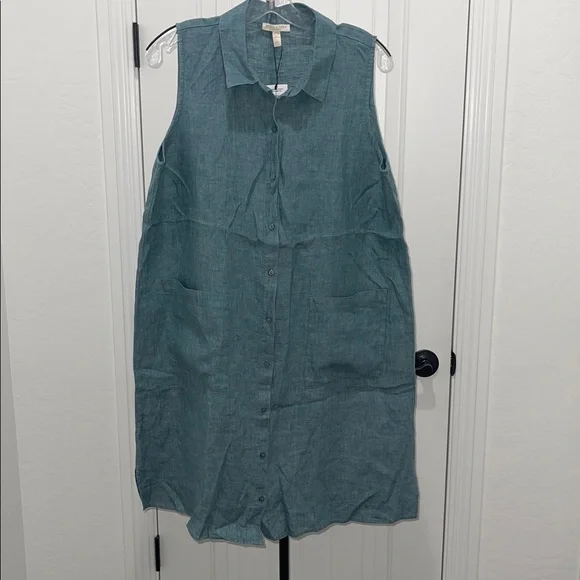 EILEEN FISHER Sleeveless Button Front Shirtdress Washed Organic Linen Blue SZ PL